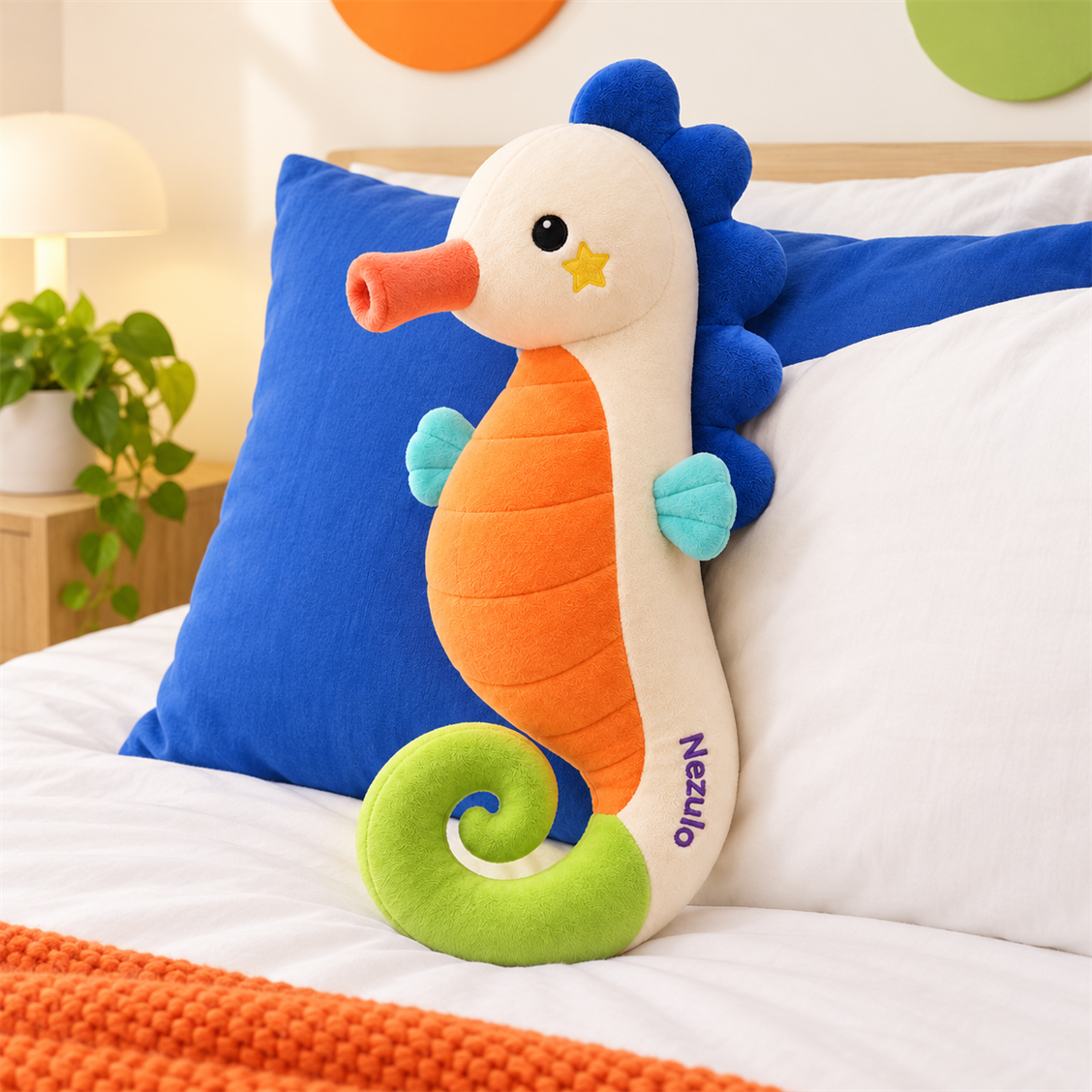 Nezulo Coral Curl Seahorse Plush detail and room view
